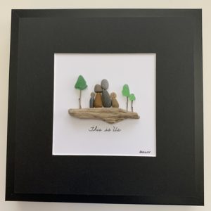 this is us, family of four pebble art on driftwood - sea-glass trees