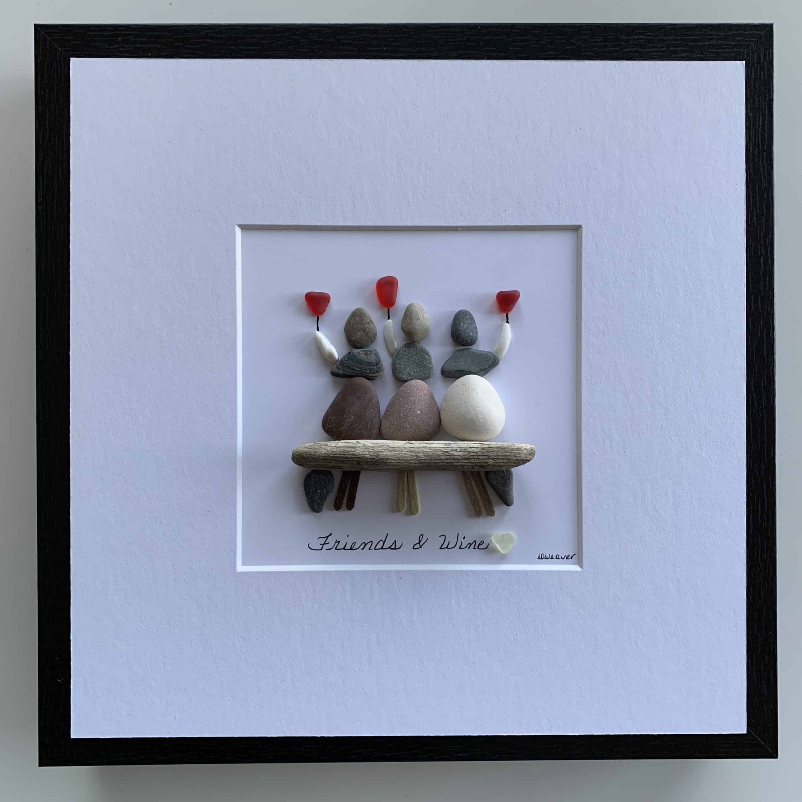 Friends and Wine (pebble picture of 3 friends)